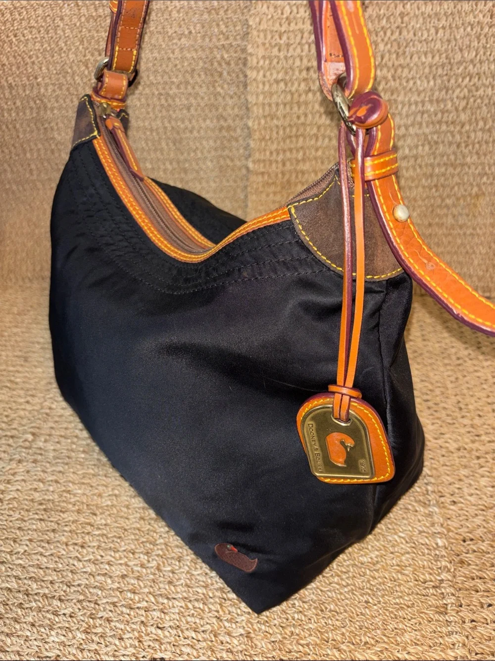 Y2K Dooney & Bourke Black Nylon Shoulder Bag w Tan Leather Trim and Brown Suede - Picture 3 of 11